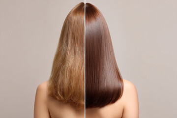 Fototapeta premium Hair transformation: half of the hair is dull and frizzy, while the other half is sleek, smooth, and glossy, against a neutral background.