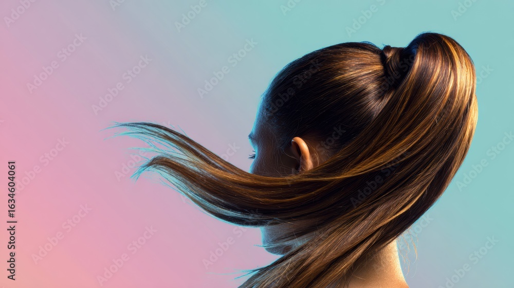 Poster ponytail in motion against a vibrant gradient backdrop with space for text and clean upper area