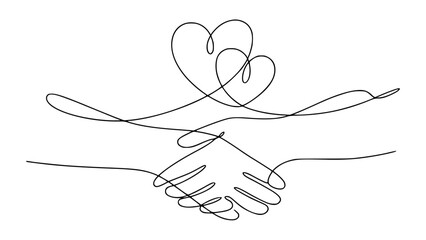 Obraz premium Two hearts intertwined above a handshake line art illustration