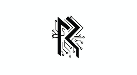 Futuristic Circuit Board Style Vector Icon with Geometric Lines and Tech Elements in Minimalist Black Design