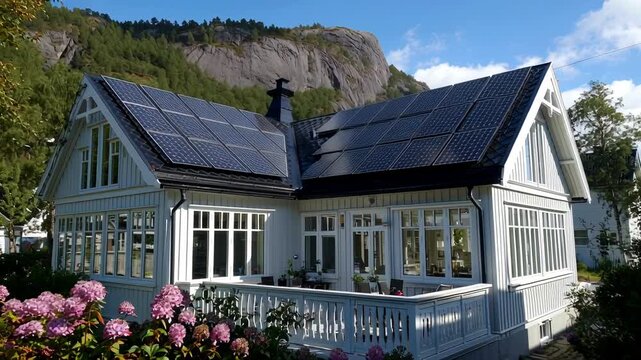 Solar panels installed on a house rooftop, soaking up sunlight on a bright, sunny day.