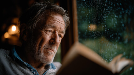 Serene Reflections: An elder gentleman finds solace in a good book, his face illuminated by the warm glow of a nearby light and the soft light filtering through a rain-streaked window.