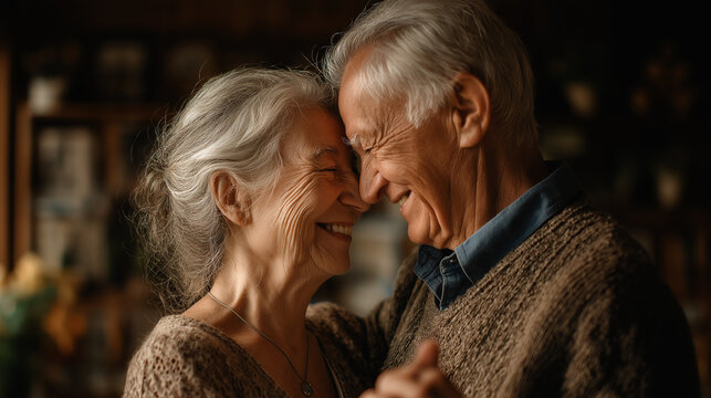 Eternal Dance of Love: An elderly couple shares a tender moment, embracing and smiling warmly. Their faces are softly illuminated by warm light, embodying love, longevity, and shared experience.