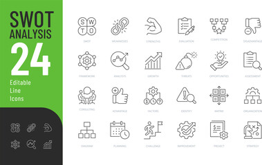 Swot Analysis Editable Icons set. Vector illustration in modern thin line style of planning related icons: analysis, opportunity, treat, and more. Isolated on transparent background.