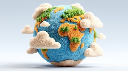 A whimsical 3D rendering of a fluffy Earth surrounded by clouds.