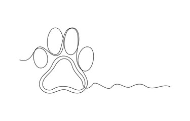 One line drawing of a dog paw print in minimalist vector outline style, Dog and cat paw continuous one line art drawing of pet footprint outline