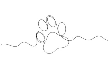 One line drawing of a dog paw print in minimalist vector outline style, Dog and cat paw continuous one line art drawing of pet footprint outline