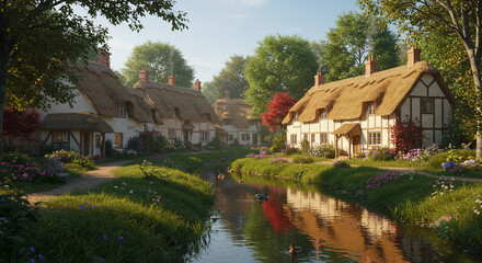 Obraz premium Thatched roof cottages line a canal with ducks swimming on a sunny summer day in the countryside