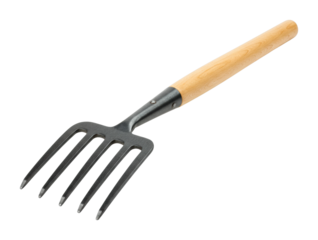 Garden hand fork with wooden handle for efficient gardening and soil cultivation. Cut out PNG