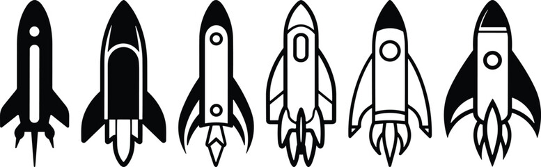 Rocket icon set, black and white space symbols, stylized spaceship designs, vector illustration, science clipart, futuristic graphic elements
