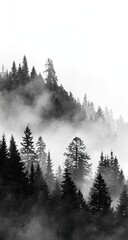 Misty mountainside forest scene in black and white