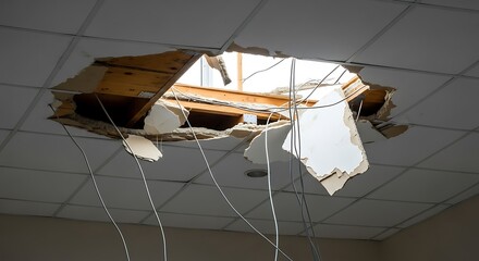Ruptured Suspended Ceiling Reveals Daylight, Wooden Joists, and Chaos