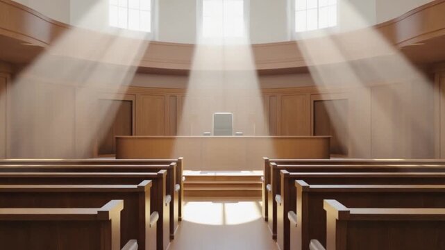 Serene courtroom interior with sunlight streaming through windows, highlighting empty benches