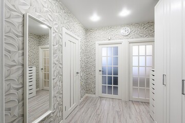 well-lit hallway with gray, floral patterned wallpaper, three white doors, light wood floors, a mirror, a clock on the wall, and a white wardrobe