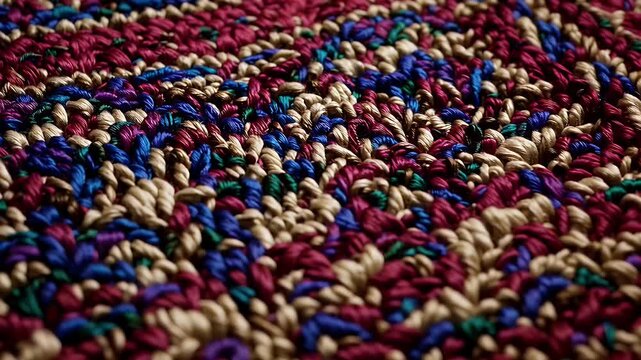 4K macro texture of a colorful woven rug looped for use as an animated overlay ideal for motion graphics background texture layers or adding vintage textile effects to video projects