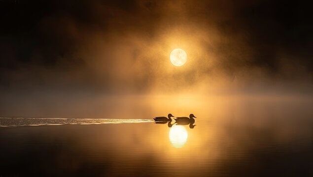Golden sunrise over misty lake, two ducks - Powered by Adobe