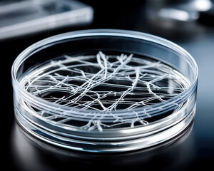 Close up of petri dish with cell culture, showcasing intricate patterns of growth and development, highlighting scientific research and innovation