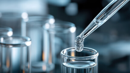 Close up of pipette dispensing clear liquid into glass test tube, showcasing precision and scientific experimentation