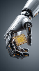 Robotic hand delicately holds microchip, showcasing advanced technology and precision design. metallic textures and intricate details evoke sense