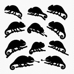 A collection of eleven black chameleon silhouettes perched on branches in various poses.