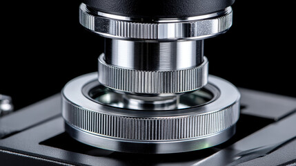 Close up of scientific microscope showcasing intricate details of lens and focusing mechanism, highlighting precision and craftsmanship