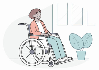 Smiling woman in wheelchair indoors,, vector illustration for healthcare, disability, rehabilitation, and accessibility concepts.
