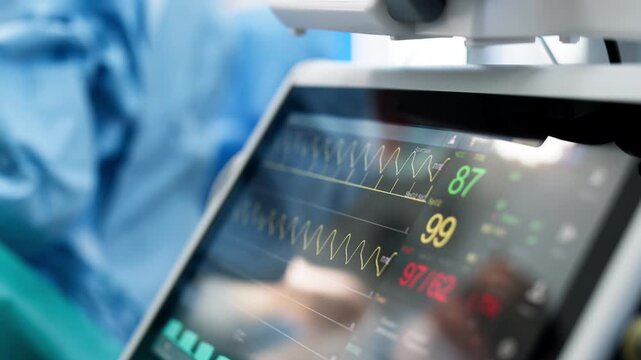 Patient in surgical recovery room monitored by advanced medical equipment, displaying vital signs on screen, with sterile environment and surgical drapes enhancing the clinical atmosphere