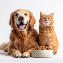 Fototapeta premium A golden retriever and a red cat sitting together happily beside a large bowl of dry food on a white background.