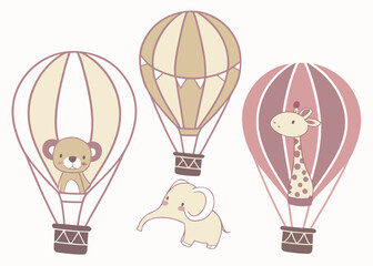 Naklejka premium Cute animals in hot air balloons with elephant giraffe