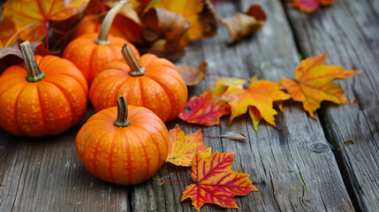 Happy Thanksgiving holiday background from autumn leaves, pumpkins and fall decorations on turquoise table.