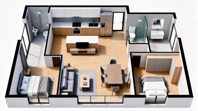 Accurate 3D Render of Stylish Two-Bedroom Home Interior