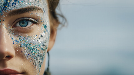 Extreme close-up of woman's face with blue glitter makeup, AI generated