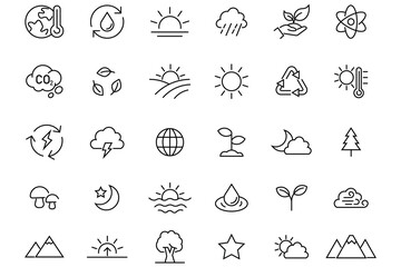 Fototapeta premium Vector nature thin line icon set. Containing river, mountain, weather, wildlife, bird, plant, tree, flower, butterfly, fish, sun, moon, recycling and more. Set of eco related line icons, Vector. 
