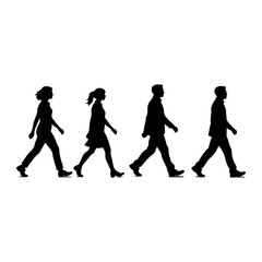 Four people walking in a line silhouette group