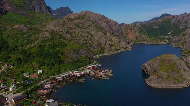 Panning Aerial Footage of Nusfjord - a Fishing Village in Arctic Norway