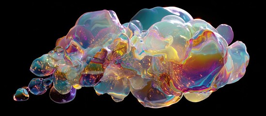 Abstract, iridescent, liquid blobs cluster against a dark background.  Colorful, translucent, organic shapes merge and separate, displaying a spectrum of pastel hues