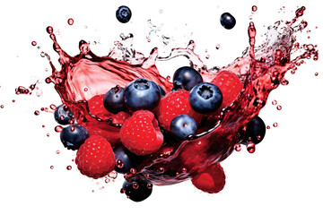 Berry Burst Splash: A vibrant burst of blueberries and raspberries in a refreshing splash of juice, showcasing freshness and the pure essence of summer. 