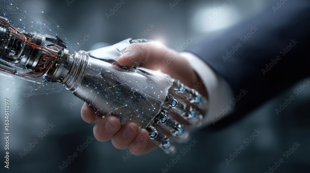 Poster handshake between a human and a robotic hand symbolizing collaboration in technology and innovation 