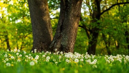 Fototapeta premium A serene scene featuring dandelions blooming in a grassy field, with trees creating a peaceful backdrop in a lush green environment.