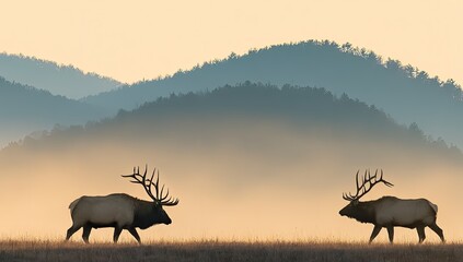 Two elk silhouettes facing each other in a misty mountain landscape at sunrise