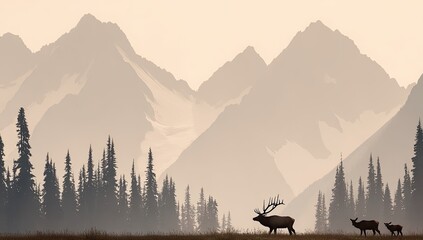 Elk in a misty mountain valley