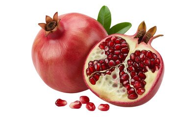  Fresh Pomegranate with Seeds and Leaves Isolated on transparent background – Juicy Red Superfruit for Healthy Eating Concepts