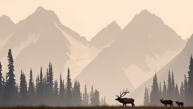 Elk in a misty mountain valley