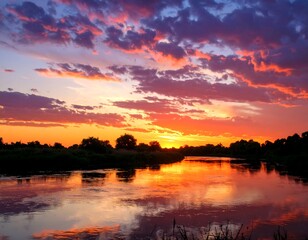 Obraz premium Dramatic sunset over a river