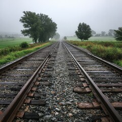 Obraz premium Foggy railway track through a rural landscape