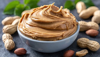 Creamy peanut butter in a bowl, surrounded by peanuts and leaves