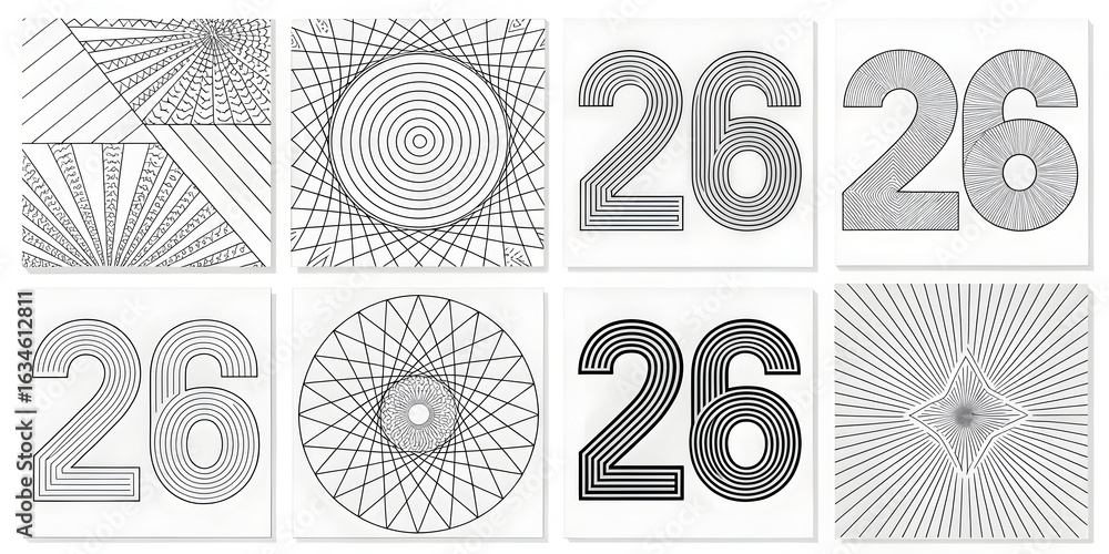 Poster black and white geometric patterns and number 26 designs in a 4x4 grid on white background