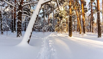 A serene winter forest scene with snow-covered trees and a clear path leading through the tranquil landscape.