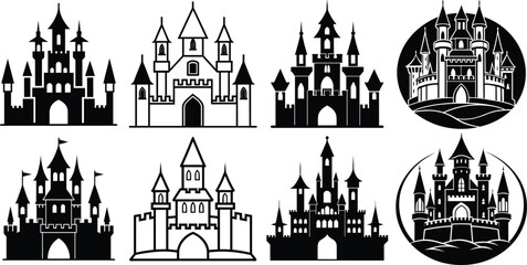 Naklejka premium Set of Eight Black and White Castle Illustrations. Fantasy Castle Line Art Collection for Coloring Pages.