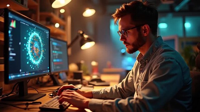 A man with glasses working on a computer, coding in a dimly lit room.
